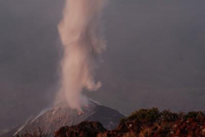 Early morning, Santiaguito explodes with lava and ash