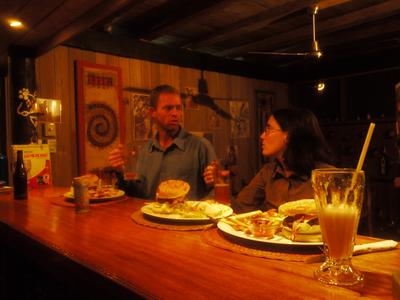 Dana and Keith prepare to attack their Aussie burgers