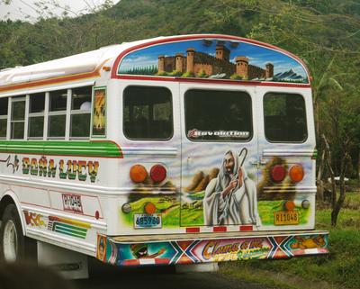 Panama's 'diablos rojos' (red devils) are as colourful as Guatemala's 'chicken buses', but the motifs are different.