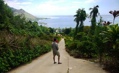 At the Mo'orea tropical garden. Hopefully the picture conveys how steep the approach is. Paved with concrete, it is very slippery when wet. Tour groups pass this place up if it has been raining.