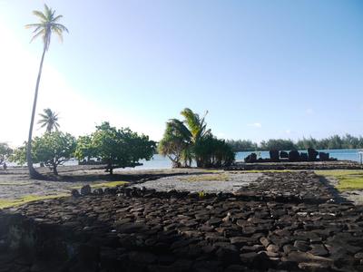 Reconstructed marae at lake Fauna Nui, Maeva