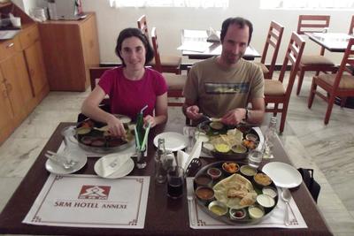 Enjoying one of the unavoidable thali meals. Our "sweet spot" for lunchtime was restaurants in hotels geared towards a domestic clientele. The food was safe, cheap, and delicious. Even dad devoured it!