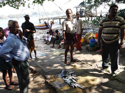 A public auction. The fisherman dumps their catch on the mat, and bidding ensues.