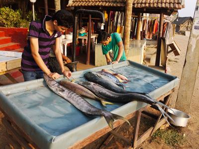 We left the backwaters and arrived at the trip's final stop, the beach resort town of Varkala. It's a backpacker hangout, very laid back. <br/> This is how the seafood restaurants on the beach tout the freshness of their food. It certainly worked on me.