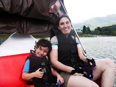 Taking a break from cycling in... a paddle boat? We really should have thought that one through.