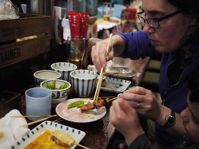 A well-deserved yakitori dinner after visiting six(!) temples in one day. <br/> Too bad they still allow smoking in many food establishments in Japan, but even the cigarettes couldn't ruin this particular feast.