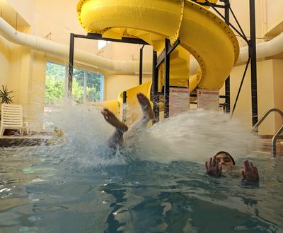 Making good use of the facilities at the Super 8 Motel. We informed Adam ahead of the trip that there will be a hotel with a water slide, so of course this was the primary destination of the whole journey as far as he was concerned.