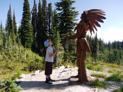 Mount Revelstoke national park. I was surprised to see the feather headdress because that's not something coastal First Nations would wear, but this is far enough from the coast that the culture is completely different.