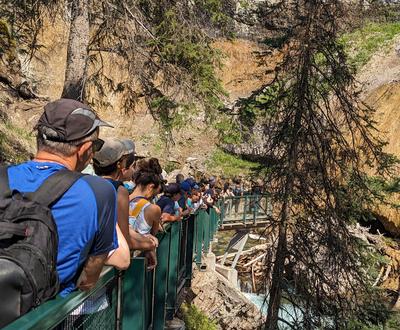 At Johnston Canyon. What you are seeing is a 30 minute(!) lineup to get a glimpse and a photo of a waterfall that really isn’t all that special. We were there on a Sunday in August. It’s probably a bit more pleasant on a weekday.