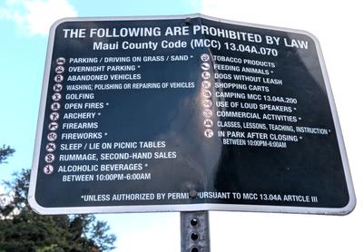 A sign often seen at Maui beaches. Which items would you add to the banned list? Which would you remove?